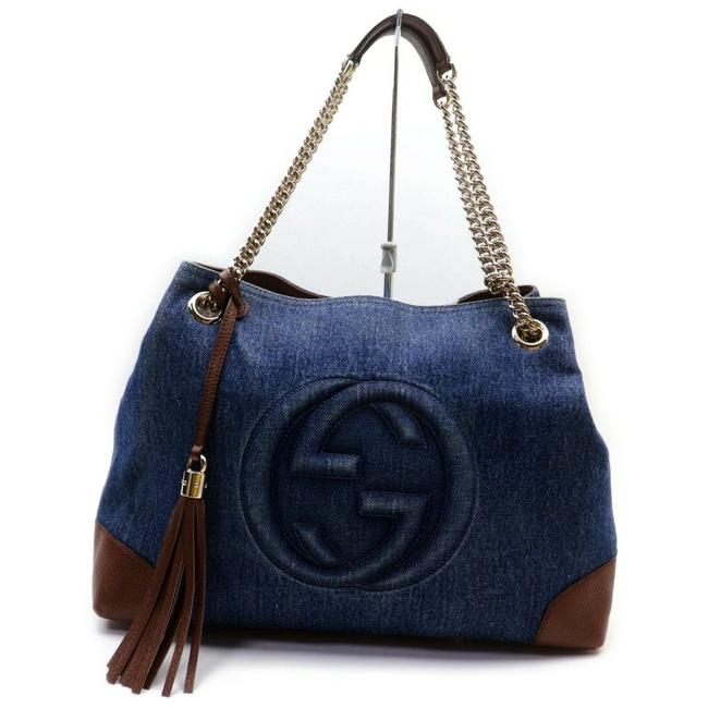 Gucci Soho 872266 Dark Navy Chain Tote Fringe Tassel Blue Denim Shoulder Bag