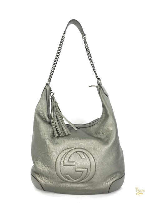 Gucci Soho Metallic Pebbled Tassel #29331 Silver Leather Hobo Bag
