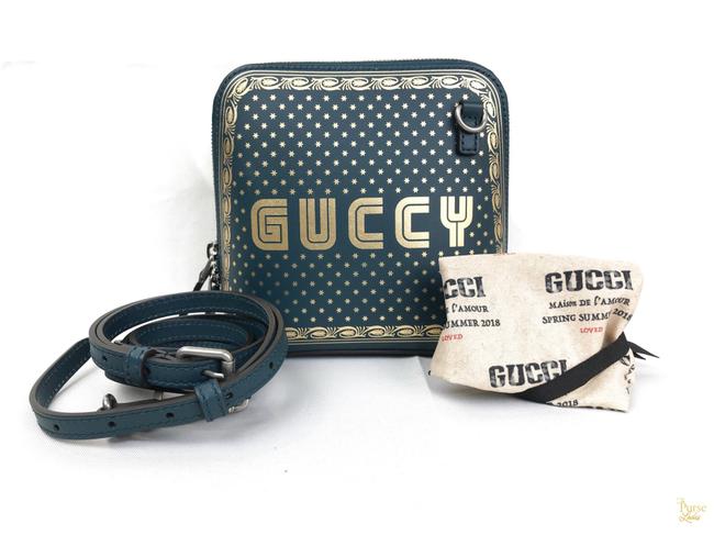 Gucci Blue Stars Sega Mini #28250 New Green Leather Cross Body Bag