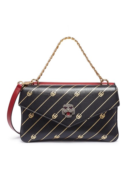 Gucci Thiara Glass Crystal Double Black &amp; Red Leather Shoulder Bag