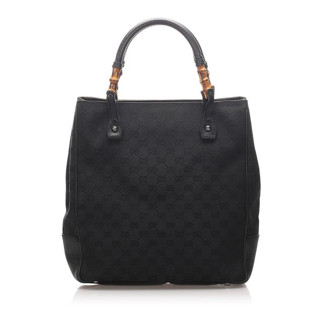 Gucci Tote Gg Canvas Bamboo Black Leather Shoulder Bag