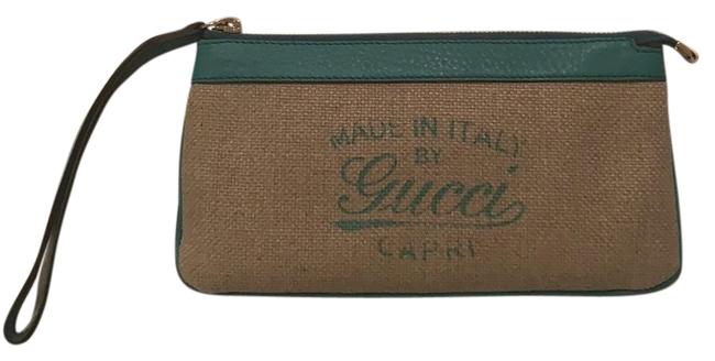 Gucci Turquoise and Natural Genuine Leather Burlap Wristlet