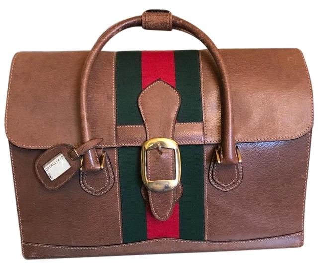 Gucci Vintage Web Brown Leather Weekend Travel Bag
