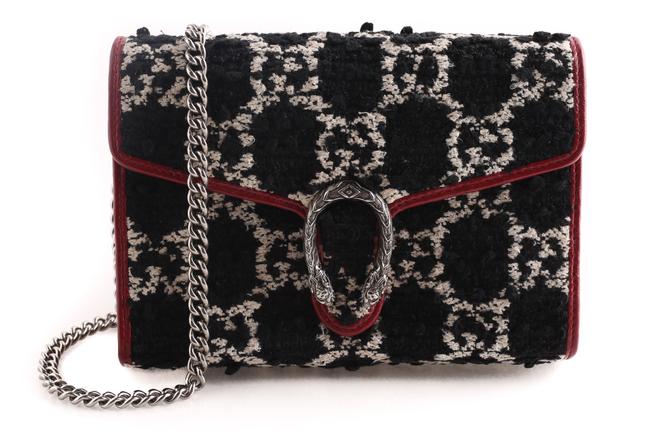Gucci Wallet on Chain Dionysus Gg with Tiger Spur Black Tweed Cross Body Bag