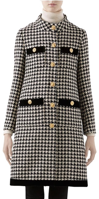 Gucci White Black Sk Tweed Houndstooth Velvet trim Wool blend Coat 0 XS