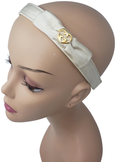 Gucci White Satin Gold tone Gg Logo Bow Headband Hat