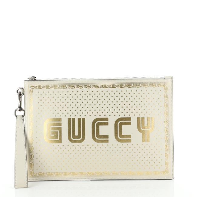 Gucci Wristlet Limited Edition Printed White Leather Clutch