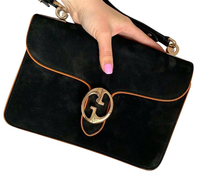 Gucci 1973 Nubuck Orange Piping Leather Gg Black Suede Shoulder Bag
