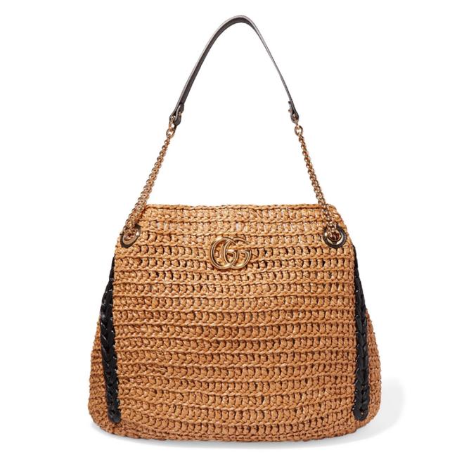 Gucci Bag Marmont Large Leather Trimmed Raffia Shoulder Tote