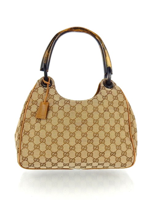 Gucci Bag Wood Handle Shoulder Brown Gg Monogram Canvas Tote
