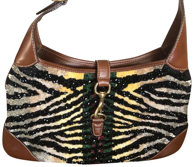 Gucci Beaded Brown Leather Ivory Suede Dressy Shoulder Bag