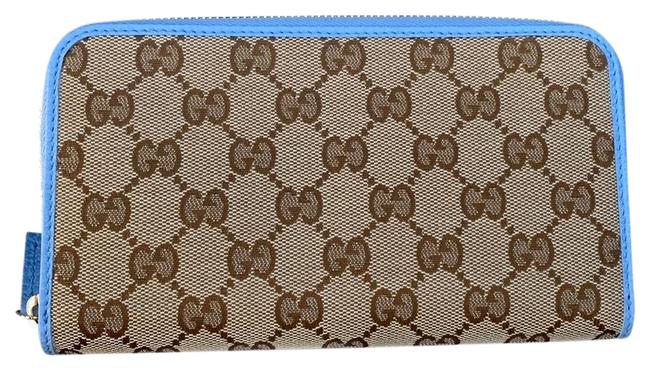 Gucci Beige Gg Logo Canvas Leather Mineral Blue Wallet