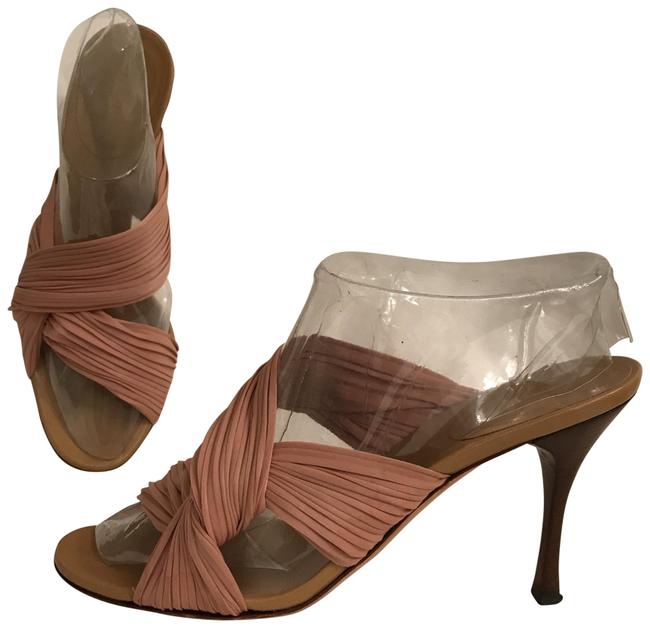 Gucci Beige Pink Blush Nocciola Pleated Plisse Stretch Ribbon Sandals 