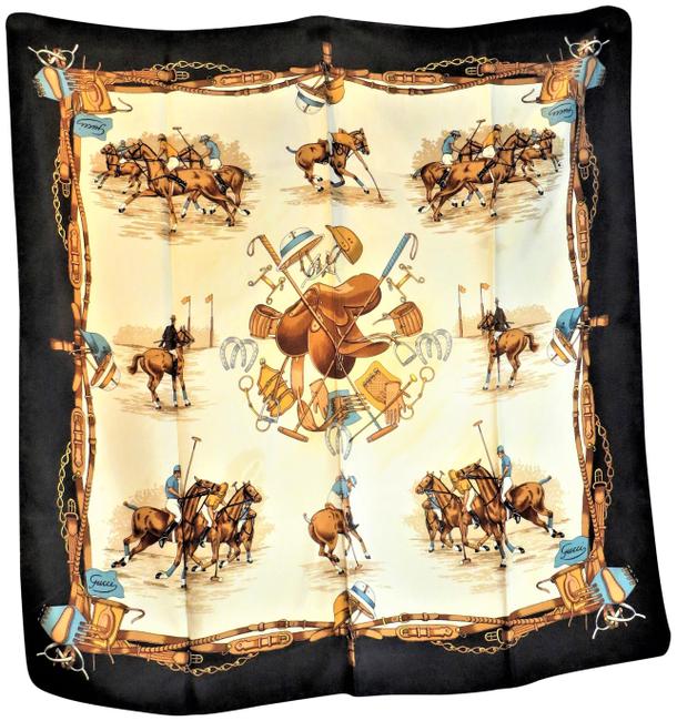 Gucci Black Brown Cream Blue Equestrian Polo Themed Vintage Silk Scarf Wrap