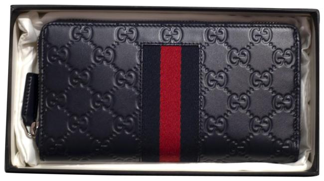 Gucci Black Gg Leather Web Zip Wallet