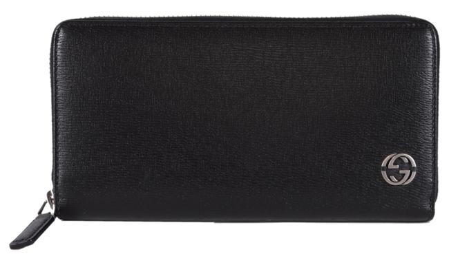 Gucci Black Clutch New 408801 Leather Gg Plaque Zip Around Wallet