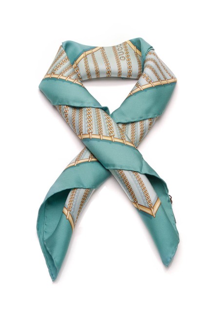 Gucci Blue Gg Chain 66cm Silk Teal Scarf Wrap