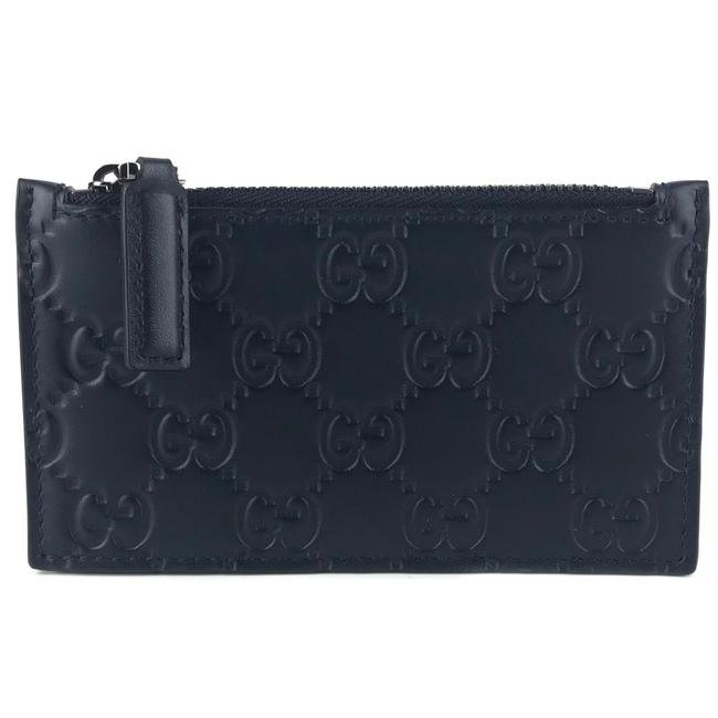 Gucci Blue Gg Guccissima Leather Top Zip Slim Small Card Case Wallet
