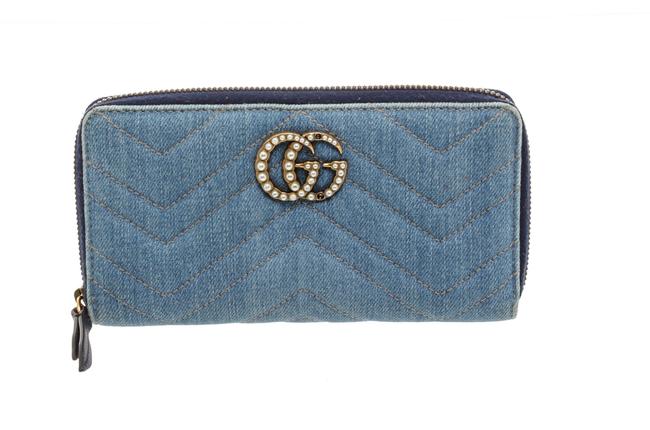 Gucci Blue Marmont Denim Gg Pearl Zip Wallet