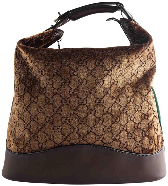 Gucci Boston Large Gg Pattern Dark Brown Velour Hobo Bag