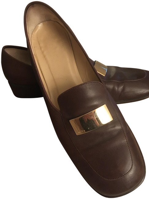 Gucci Brown Leather Loafer with Name Plate Flats 