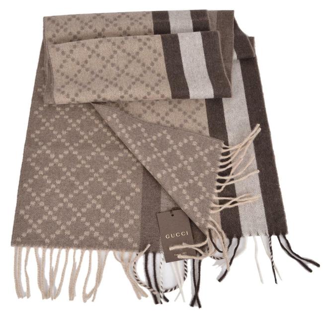 Gucci Brown New Angora Wool Taupe Web Stripe Diamante Scarf Wrap