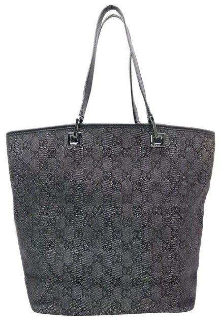 Gucci Bucket Shoulder Bag Hobo Gg Logo Black Silver Canvas Denim Leather Tote