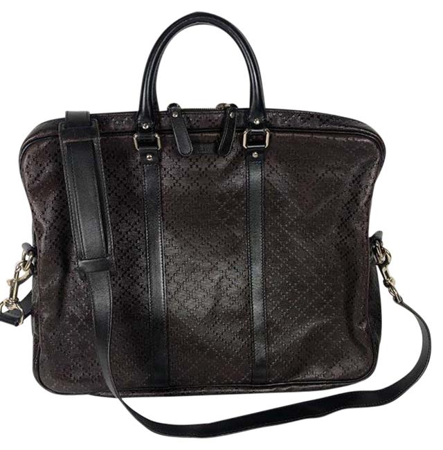 Gucci Diamond Embossed Briefcase Business Brown Leather Shoulder Bag