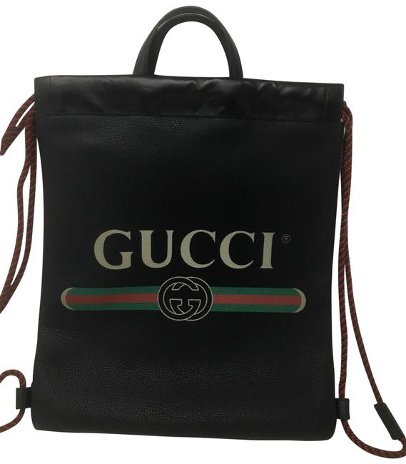Gucci Drawstring Logo Black Leather Backpack