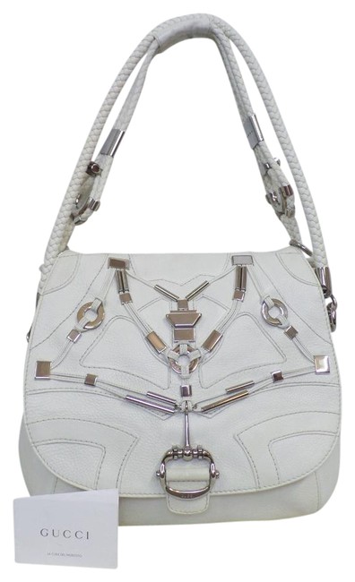Gucci Flap Horsebit Techno White Leather Shoulder Bag
