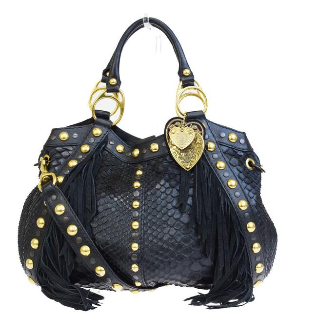 Gucci Fringe 2way Black Python Skin Leather Studded Shoulder Bag