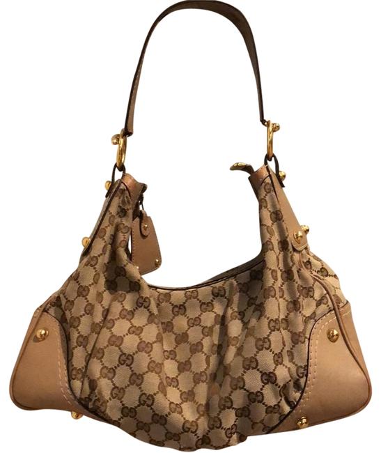 Gucci Gg Monogram with Gold Hardware Beige Leather and Canvas Hobo Bag