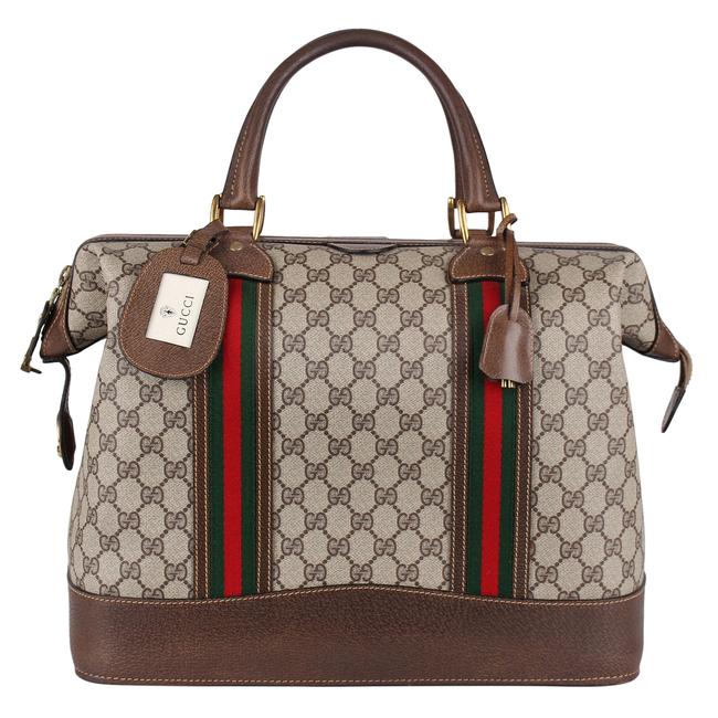 Gucci GG Supreme Tote Webby 8367 Brown Coated Canvas Weekend Travel Bag