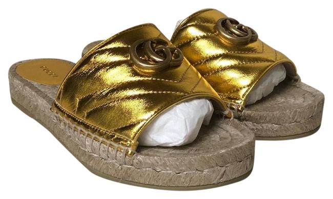 Gucci Gold Pilar Espadrille Slide Sandals 