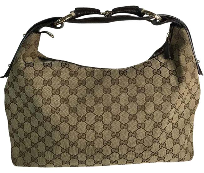Gucci Horsebit Medium Beige Brown White Leather 115867 Beige Hobo Bag
