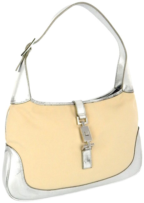 Gucci Jackie Beige and Silver Canvas Metallic Leather Shoulder Bag