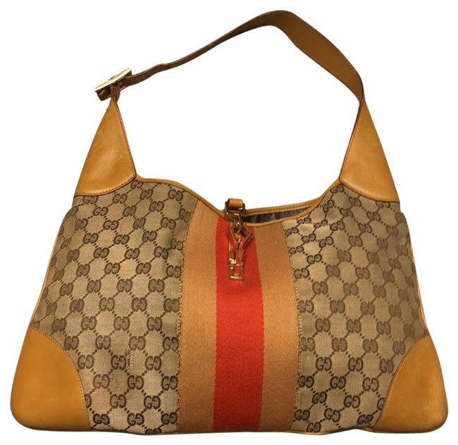 Gucci Jackie Monogram Canvas Brown Mustard Calfskin Leather Hobo Bag