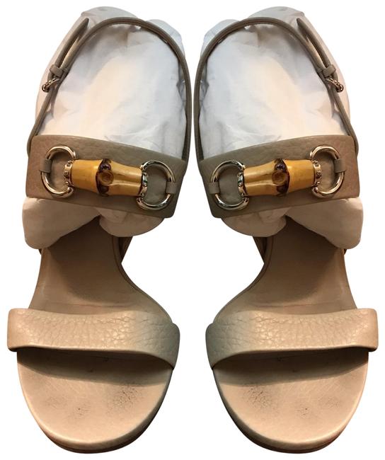 Gucci Light Oatmeal Leather Wood Heel Cellarius Sandals 