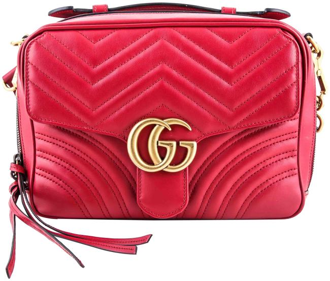 Gucci Marmont Small Hibiscus Red Leather Shoulder Bag