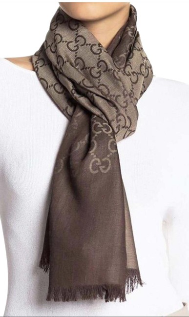 Gucci Mocha Wool Silk Monogram Fringe Scarf Wrap