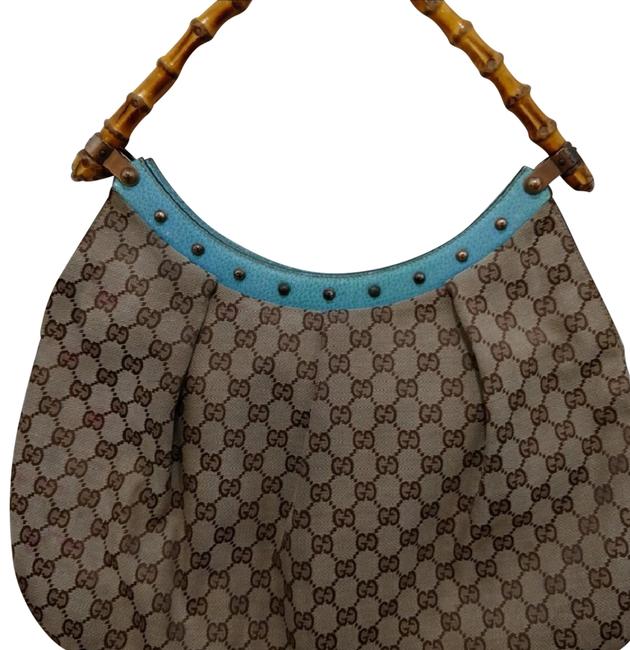 Gucci Mongram with Bamboo Handle Turquoise Satchel