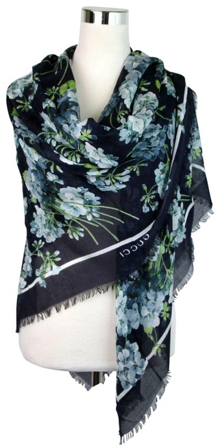 Gucci Navy Blue Modal Silk Shawl Bloom Print 550905 4069 Scarf Wrap