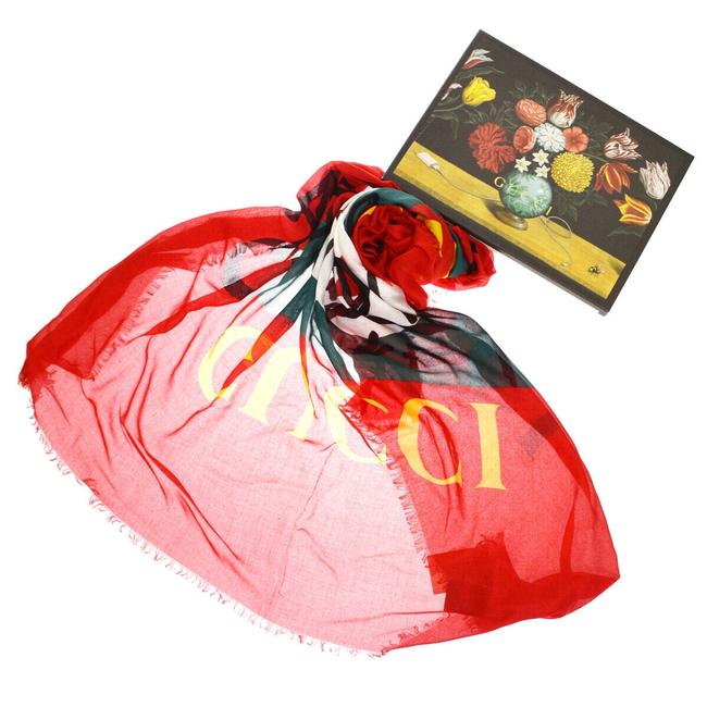 Gucci Red XL Gg Shelly Tomorrow Is Yesterday Rayon Blend Scarf Wrap