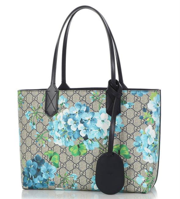 Gucci Reversible Bag Small Blossom Blue Navy Leather Canvas Tote