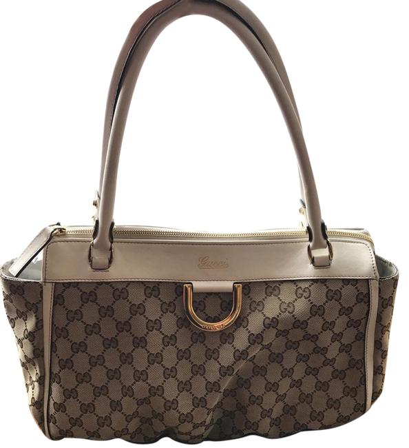 Gucci Shoulder Bag White Brown Leather  Monogram Canvas Satchel