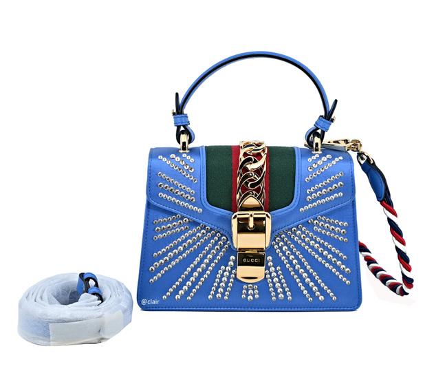 Gucci Sylvie Mini Crystal Satin  Blue Satin  Leather Shoulder Bag