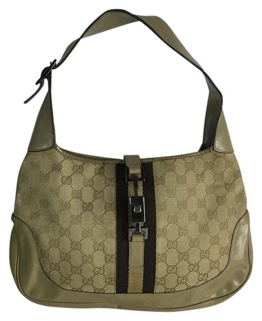 Gucci Tote Jackie Gg Beige Olive Fabric Leather Olive Shoulder Bag