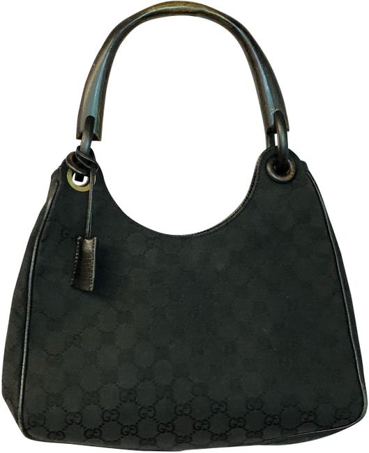 Gucci Wood Handle Black Canvas Shoulder Bag