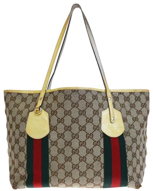 Gucci Bag Gg Pattern Sherry Shoulder Canvas Patent Brown Leather Tote 