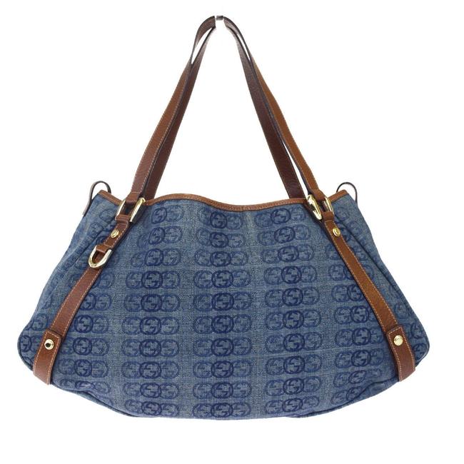 Gucci Bag Gg Pattern Shoulder Blue Canvas Leather Tote 